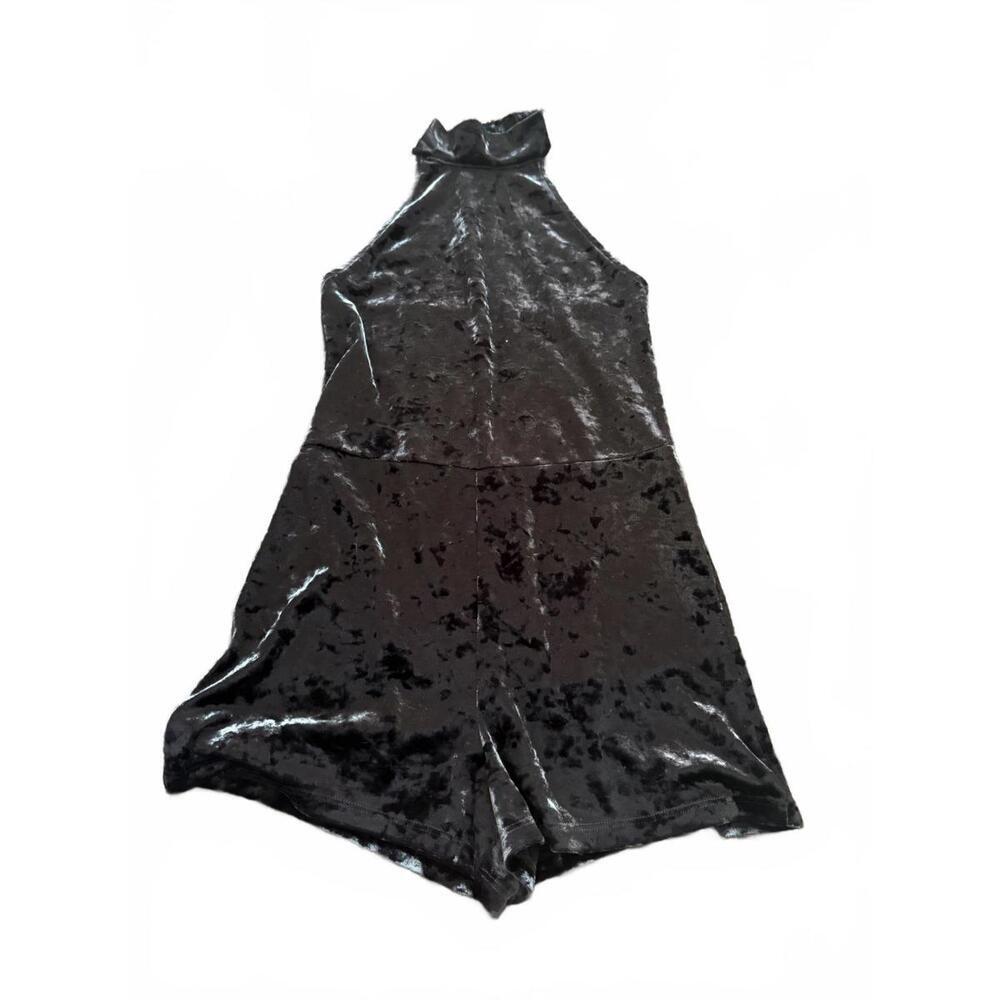 June & Hudson Black Crushed Velvet Halter Romper Shorts Y2K Size S